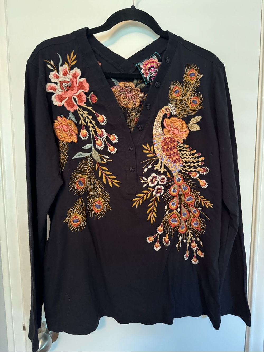Johnny Was Black Embroidered Peacock Floral V-Neck Women's Top
